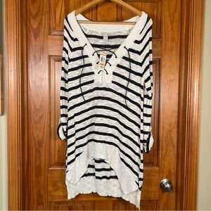 NWT American Rag Cie Black White Striped Long Sweater Tunic with Shoe Lace Neck